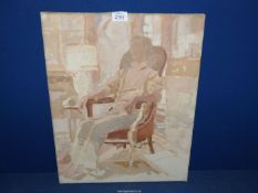 An unframed Acrylic on canvas in brown tones of a gentleman sitting in a chair, no signature,