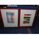 A pair of large red framed Prints 'urban landscape' no. 1/7 and 'Urban landscape #2'', no.