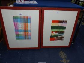 A pair of large red framed Prints 'urban landscape' no. 1/7 and 'Urban landscape #2'', no.