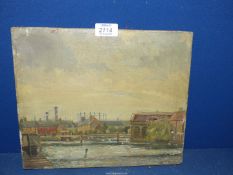 An unframed Oil on canvas of a river scene with an industrial landscape, signed lower right T.