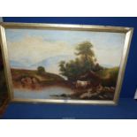 A framed Oil on canvas of cattle drinking from a river as a young cattle herder sits beneath the