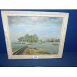 A framed Oil on board of an estuary with moored sailing boat and person fishing,