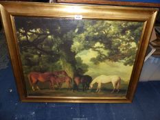 A gilt framed over-varnished print of Mares and Foals, 33 1/2'' x 26 3/4''.
