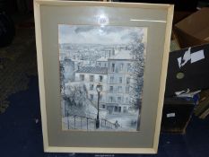 A framed and mounted Watercolour of a street scene with figures and a street vendor,