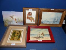 A quantity of pictures including an Oil on board of boats signed Nicor, an unframed D.