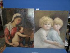 An unframed coloured Pastel on fabric of two young children, signed lower left O.