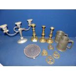 Three brass candlesticks, plated three branch candelabra, pewter tankards, horse brasses, etc.