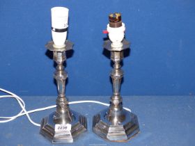 A pair of Silver Candlesticks converted to electric table lamp bases, Sheffield 1922,