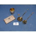 Two Russian silver spoons (one marked 84) with enamelled backs and handles,