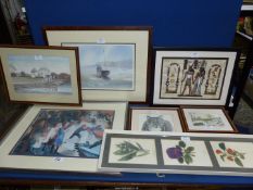 A quantity of paintings and prints including a signed Egyptian painting on papyrus,