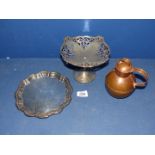 A plated Tazza and card tray and a copper tea caddy.