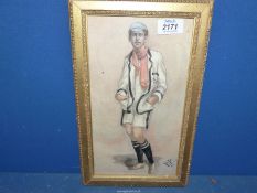 A framed Watercolour of a young man in sporting regalia, signed lower right Pip.