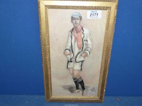 A framed Watercolour of a young man in sporting regalia, signed lower right Pip.