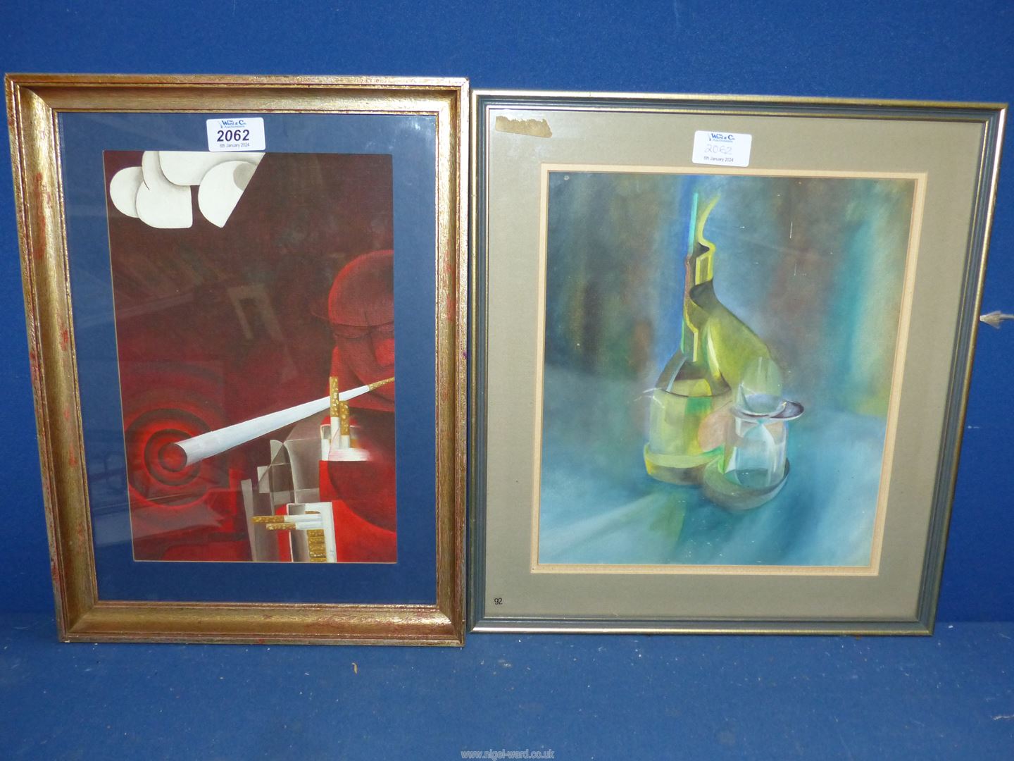 Two Art Deco style Oil paintings featuring cigarettes and wine glass.