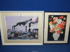 A framed Collage of an Industrial scene made from material along with a framed Print of still life