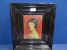 A heavy Ebony style Oil on canvas of a portrait of a young girl with dark hair and rosy cheeks,