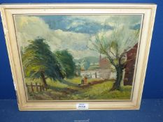 A framed Oil on board of a country landscape with figures walking a dog along a path by a river,