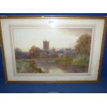 A framed and mounted Watercolour of Hereford Cathedral from across the River Wye,