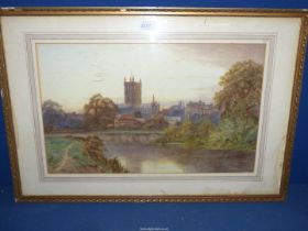 A framed and mounted Watercolour of Hereford Cathedral from across the River Wye,