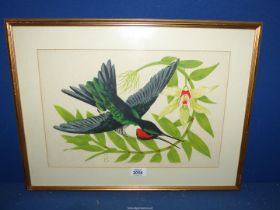 A painting on fabric of a Hummingbird signed S.B.