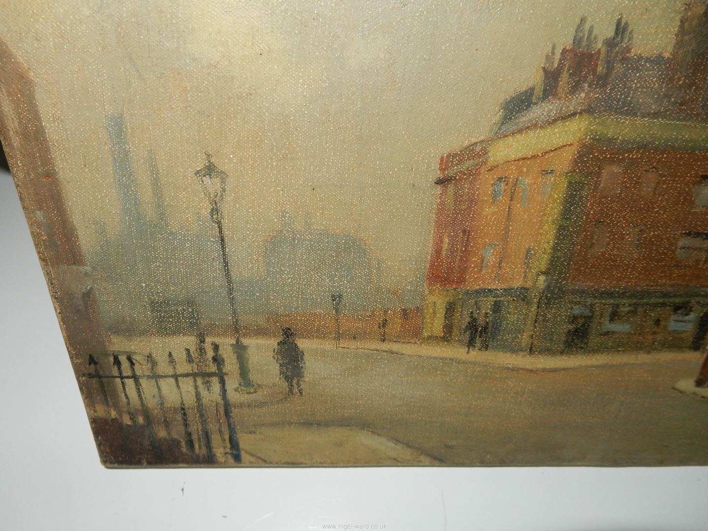 An unframed Oil on canvas of city scene with industrial buildings in the background, - Image 3 of 5