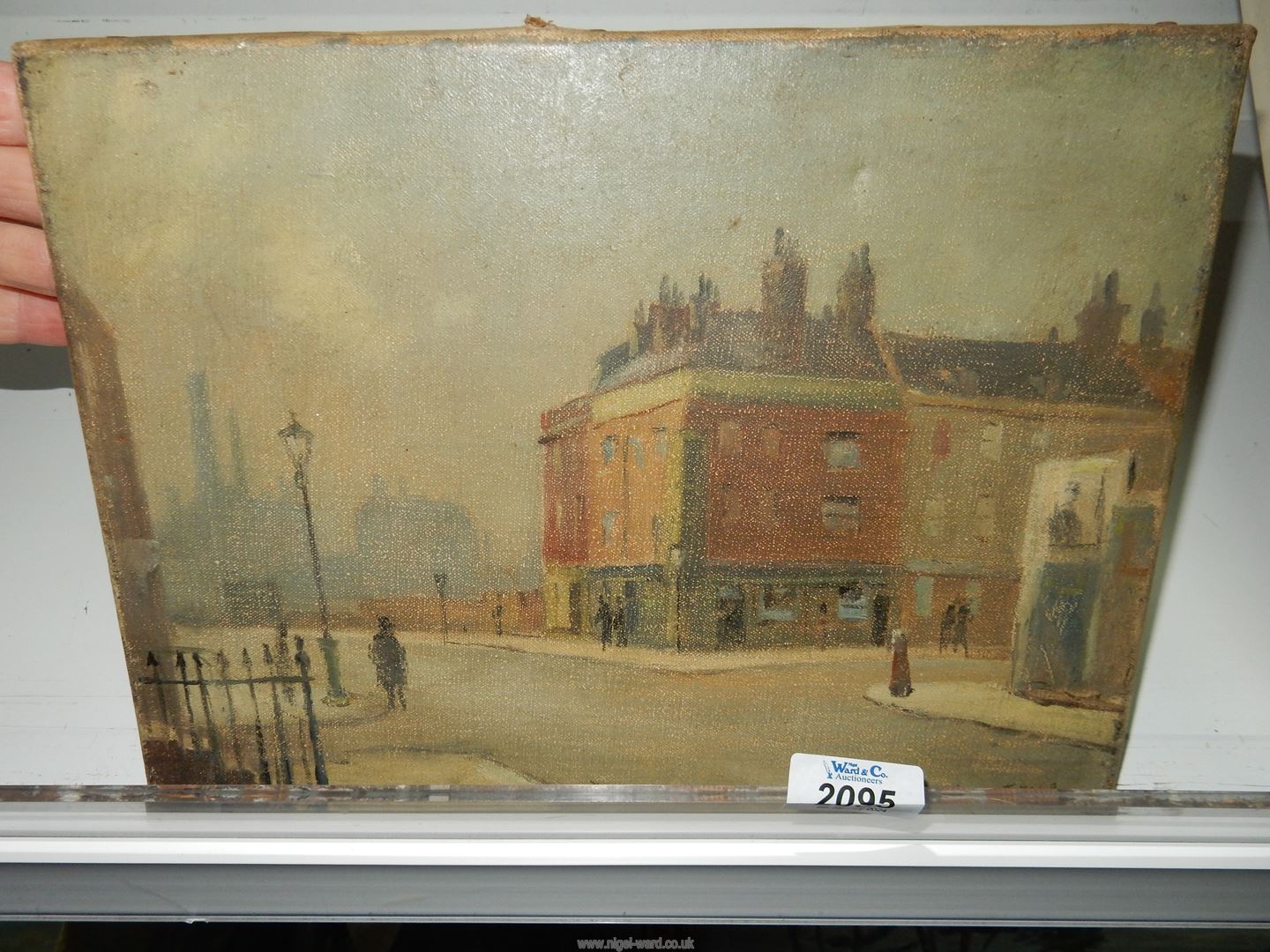 An unframed Oil on canvas of city scene with industrial buildings in the background, - Image 2 of 5