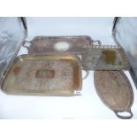 Four plated trays including two galleried trays, heavily decorated, rectangular tray, etc.