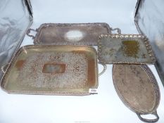 Four plated trays including two galleried trays, heavily decorated, rectangular tray, etc.