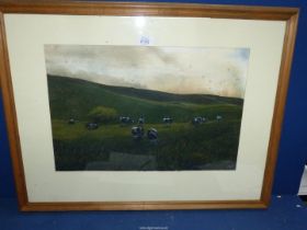 A Watercolour of Friesian cows at pasture titled 'Cattle at Sunset', signed lower right 'Moss',