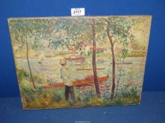 An unframed Oil on canvas of a river scene with boats and a gentleman standing in the trees