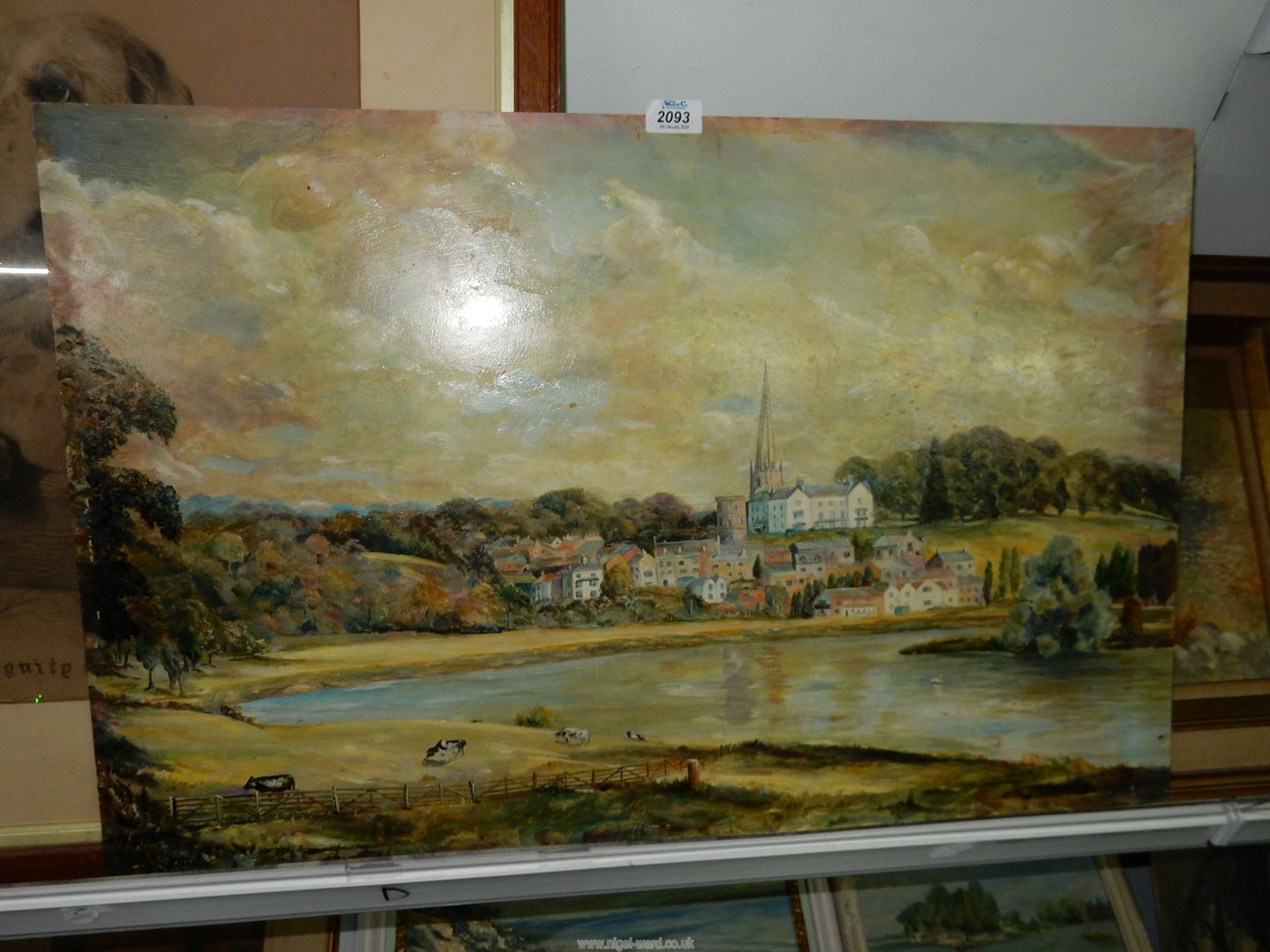 An unframed Oil on board of Ross-on-Wye with cattle grazing in the foreground, no signature, - Image 2 of 4