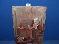 An unframed Oil on canvas of a courtroom with a judge and court clerk, dedicated to Mrs F.