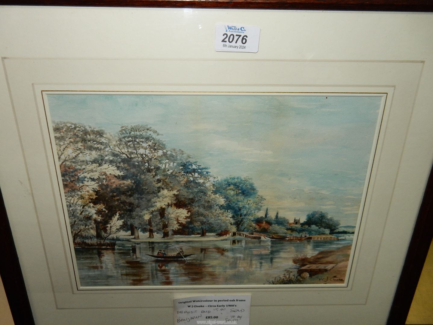 An oak framed Watercolour of a river landscape with figures in a boat and church in the distance, - Image 3 of 6