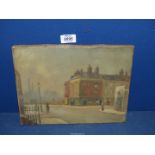 An unframed Oil on canvas of city scene with industrial buildings in the background,