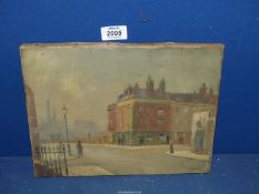 An unframed Oil on canvas of city scene with industrial buildings in the background,