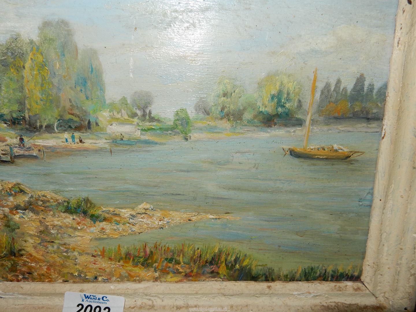 A framed Oil on board of an estuary with moored sailing boat and person fishing, - Image 4 of 4