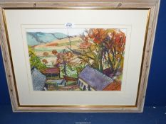 A framed and mounted ink over Watercolour of a farmstead with fields and rolling hills in the