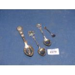 Two silver souvenir spoons, hallmarks for Birmingham, one for Calcutta the other for Whitley Bay,