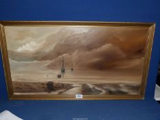 A framed Oil on board of a seascape with sailing ships, signed lower left F.