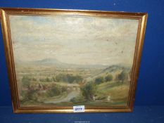 A gilt framed Oil on board of a country landscape with a river meandering under a stone bridge with