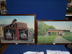 A framed Oil on board of a L & NWR train crossing a bridge,