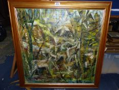 A large wooden framed Oil on canvas of a woodland scene with deer, signed lower right 'Parker',