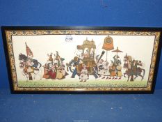 A framed Indian Folk Art painting on fabric of a procession, 18 1/4'' x 8 1/4''.