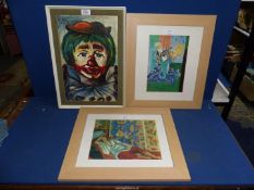Two framed prints including a floral still life and a lady in reclining pose plus a print on board