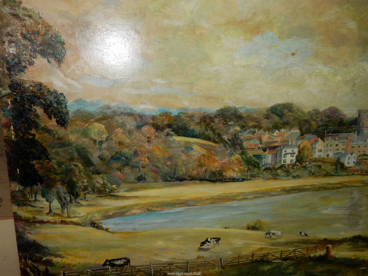 An unframed Oil on board of Ross-on-Wye with cattle grazing in the foreground, no signature, - Image 4 of 4