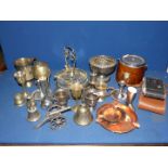 A quantity of metals including rose bowl, bell, candlesticks plus a Coronet Rapide camera in case.