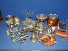 A quantity of metals including rose bowl, bell, candlesticks plus a Coronet Rapide camera in case.