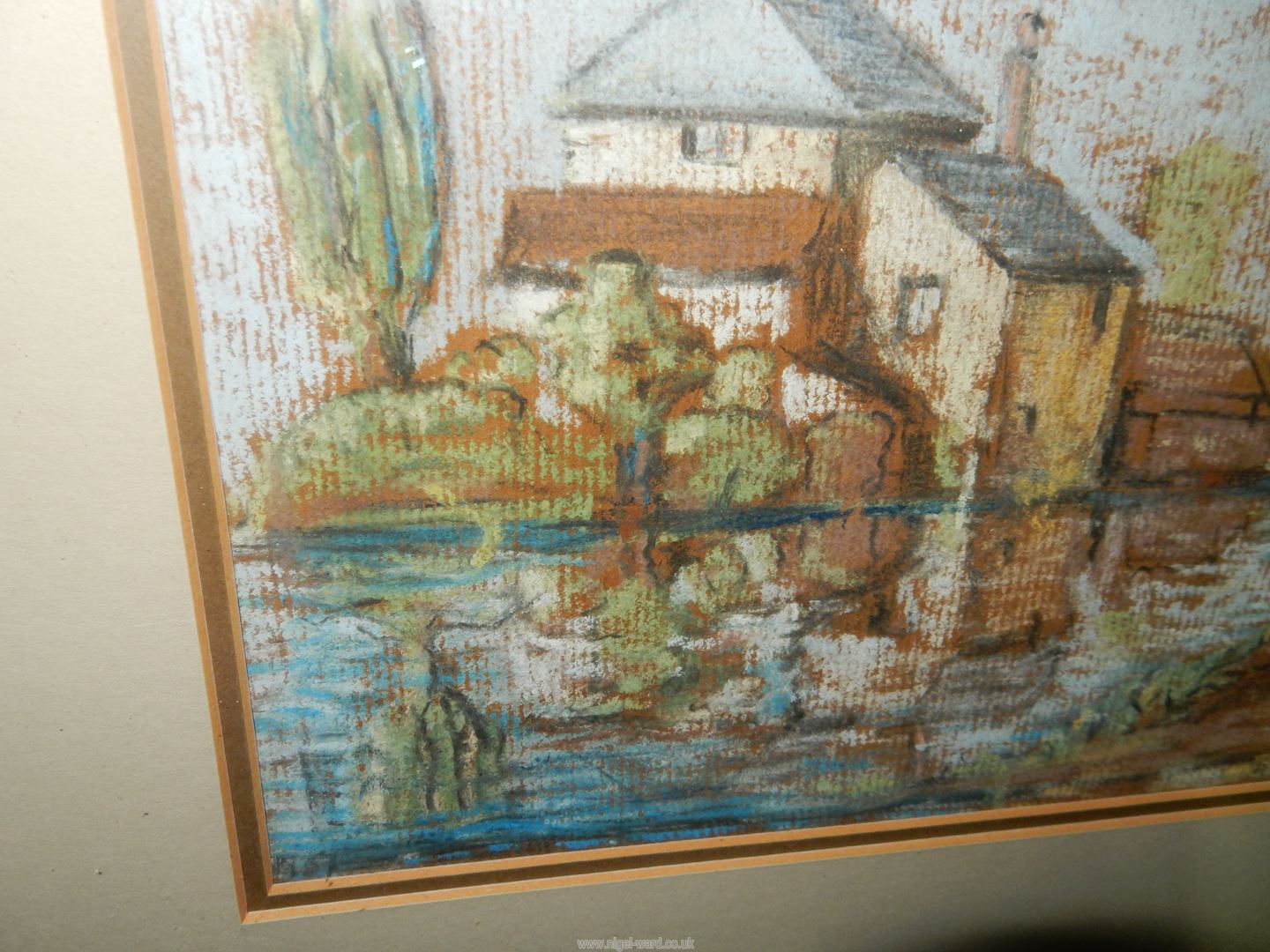 A framed and mounted Oil/Pastel of a house and river, signed lower right E.T. Jonathan, 17" x 14". - Image 4 of 4