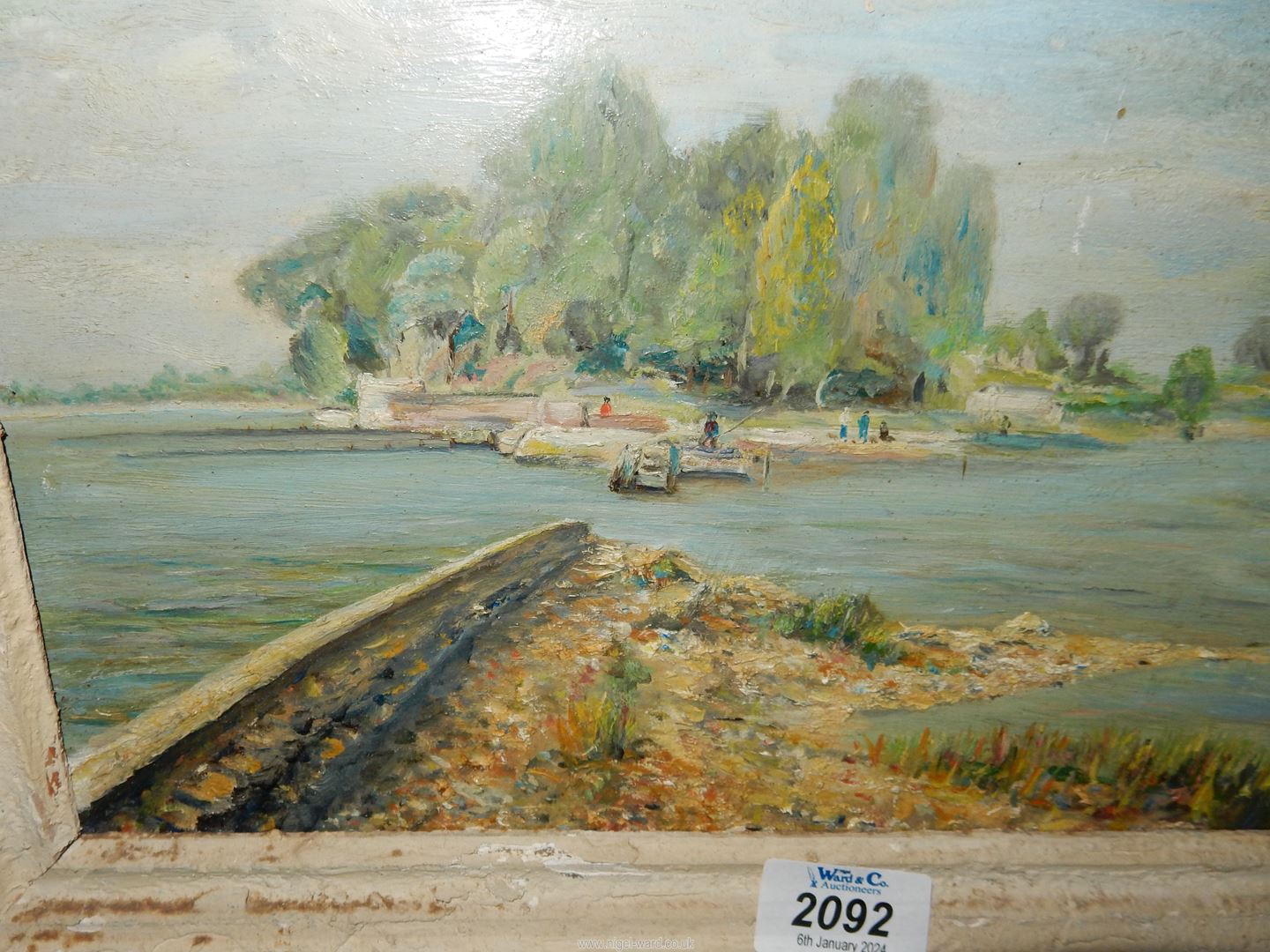 A framed Oil on board of an estuary with moored sailing boat and person fishing, - Image 3 of 4