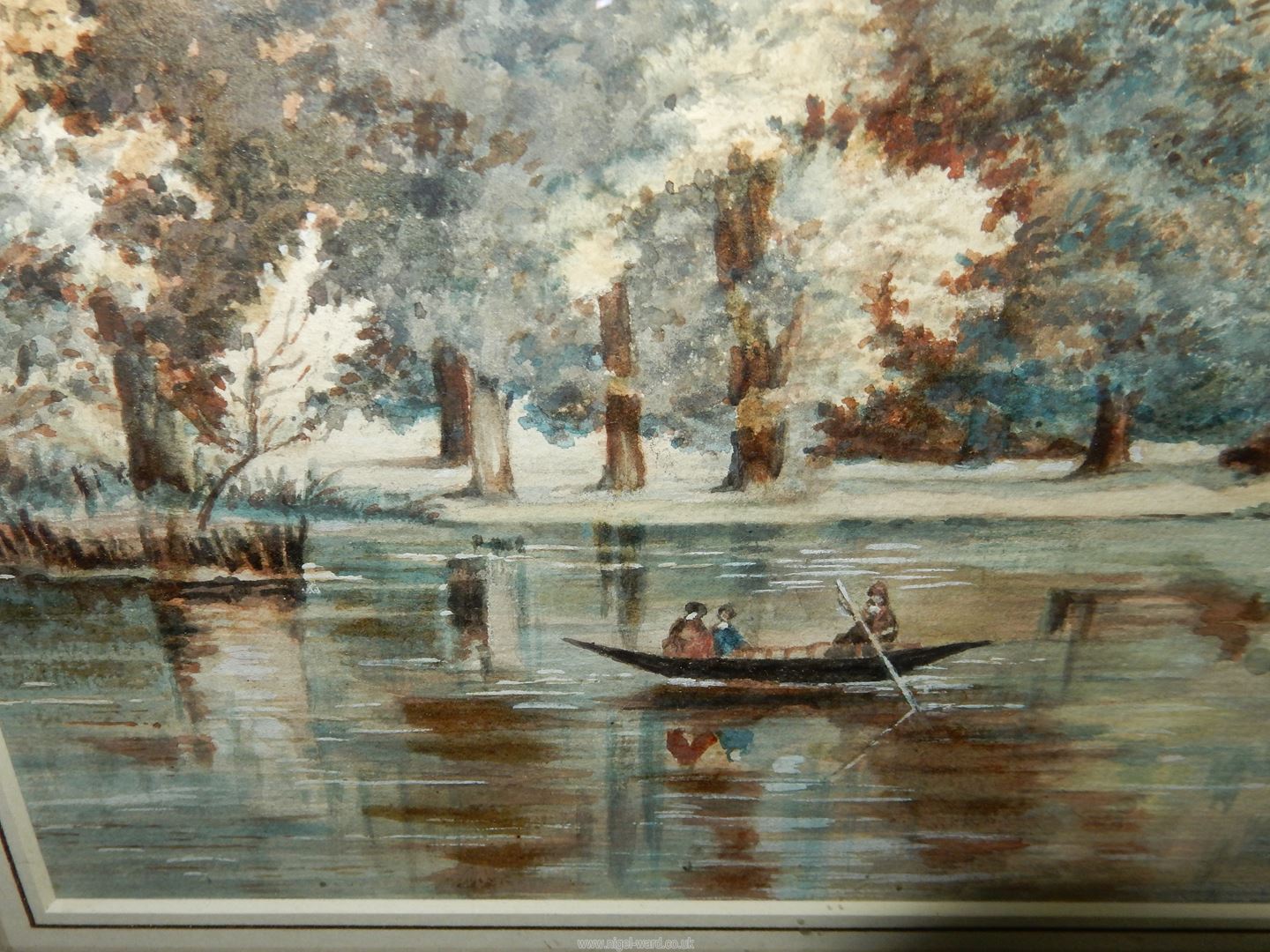 An oak framed Watercolour of a river landscape with figures in a boat and church in the distance, - Image 6 of 6